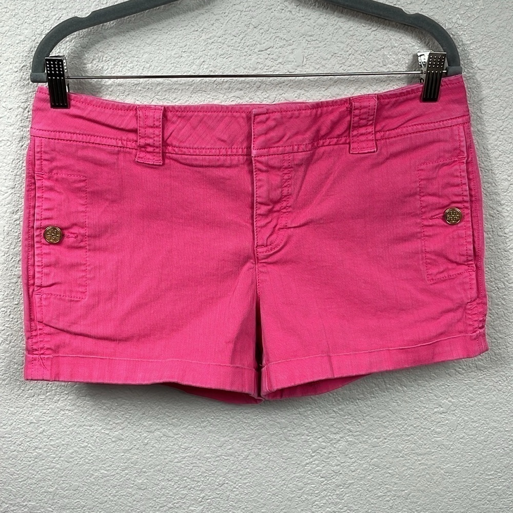 Tory Burch Mid Rise Cuffed Chino Jean Shorts Pink Gold Tone Medallion Buttons 30